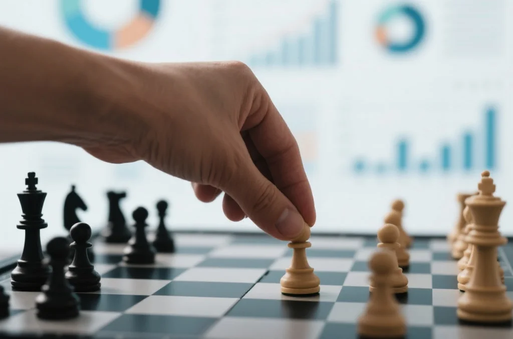 手在棋盘上放置棋子，象征战略决策
